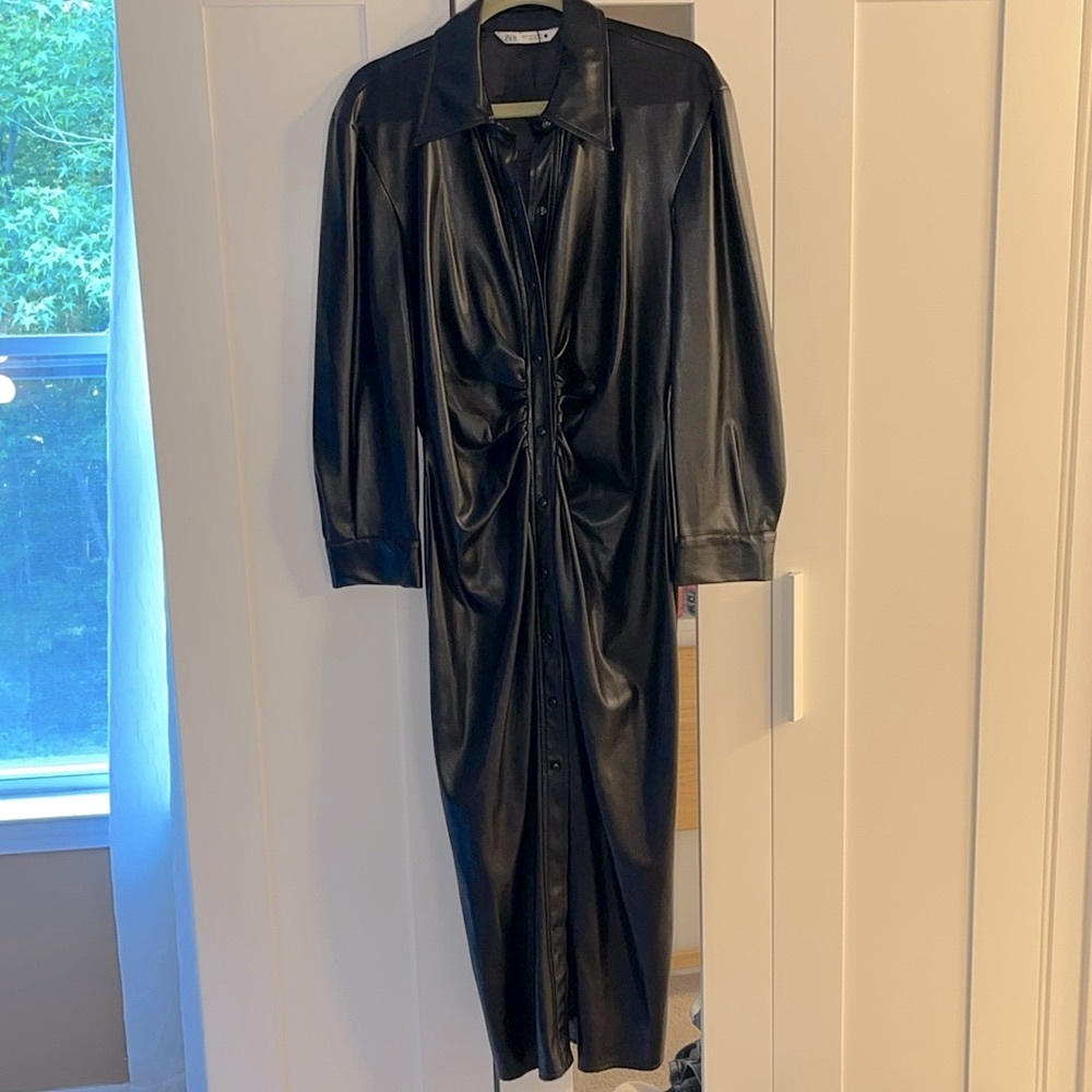 Zara Black Faux Leather Long-Sleeve Midi Dress